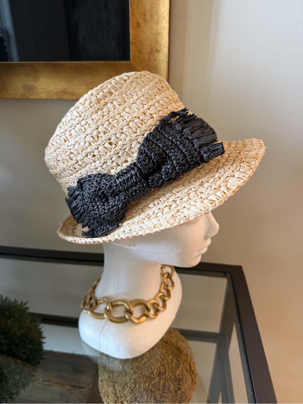 Kate Spade Beige Straw Fedora with Black Raffia Bow